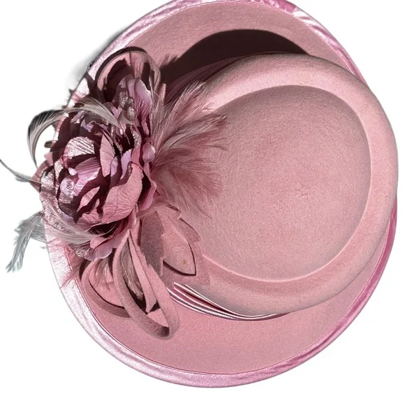 Something Special 100% Felt Pink Brim ribbon feathers Ladies Dress Hat Floral - Picture 11 of 12